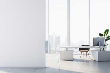 Modern white concrete office interior with empty mock up place on wall, panoramic windows and city...