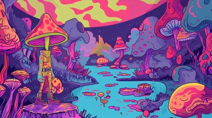 A quirky cartoon character exploring a psychedelic realm  AI generated illustration