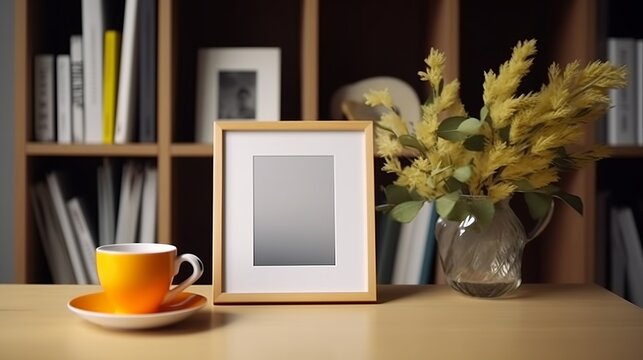 Blank photo frame, coffee cup and plant on wooden table.