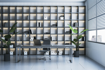 Modern office with shelves or library interior with workplace, window and city view. 3D Rendering.