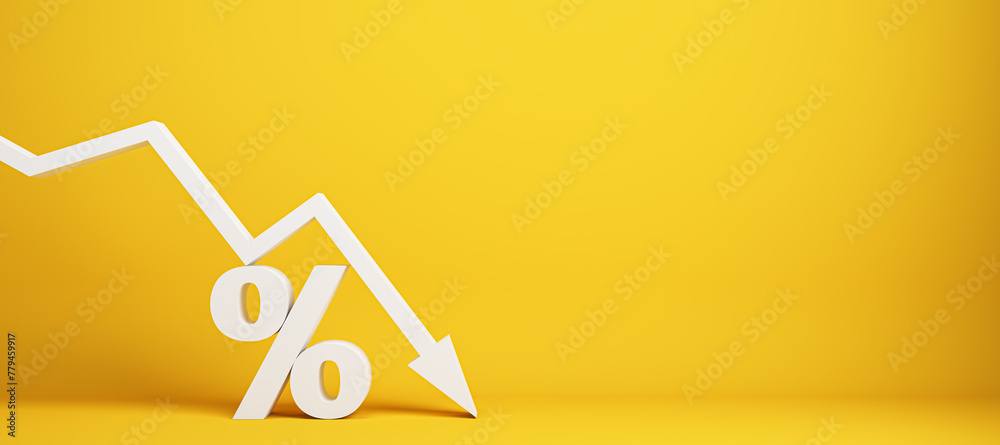 Poster falling white chart arrow with percent icon on wide yellow background with mock up place. falling in