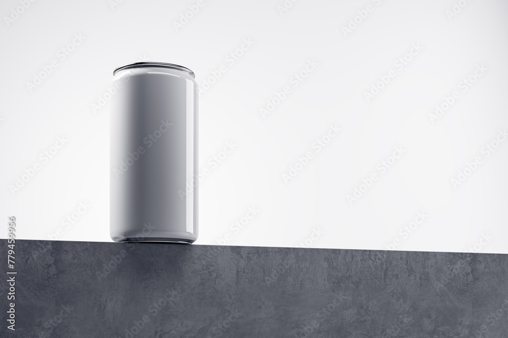 Poster Empty white drink can on light backdrop with mock up place. Beverage and food ad concept. 3D Rendering.