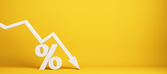 falling white chart arrow with percent icon on wide yellow background with mock up place. Falling interest rates and mortgage concept. 3D Rendering.