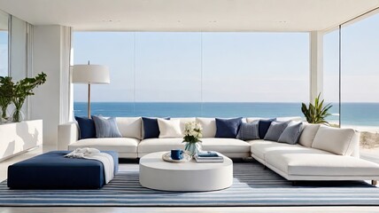 Minimalist Living Room Blue and White Color and Beach View Coffee Table and Television with Backdrop of Natural Light