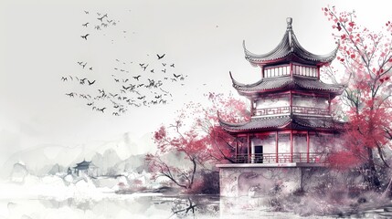 A realistic sketch of a traditional Chinese pagoda  AI generated illustration