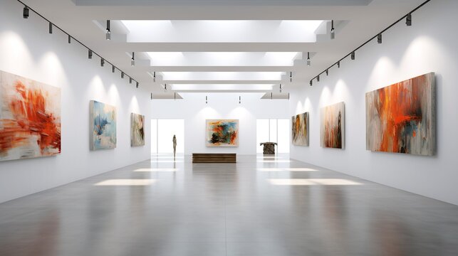 Modern art gallery interior with paintings on the wall