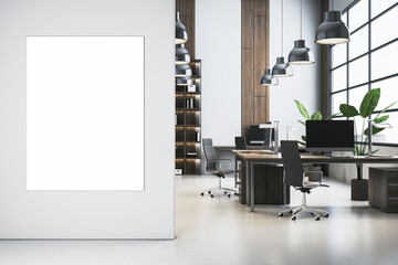 Modern light office with blank mock up banner on wall, shelves or library interior with workplace, window and city view. 3D Rendering. - 779460327
