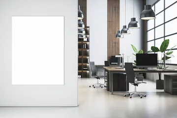 Poster Modern light office with blank mock up banner on wall, shelves or library interior with workplace, window and city view. 3D Rendering. © Who is Danny
