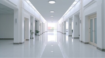 Interior of a hospital corridor with white walls and white floor.