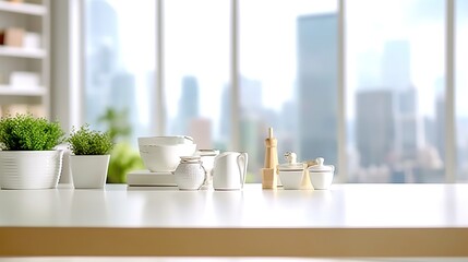 White ceramic vase on a white table in a modern office. - obrazy, fototapety, plakaty