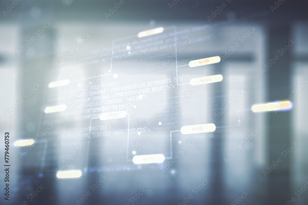 Poster multi exposure of abstract software development hologram on empty modern office background, research