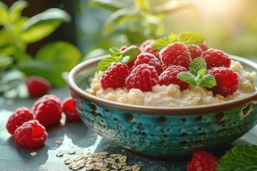 A sunlit bowl of creamy oatmeal topped with vibrant raspberries and a sprig of mint, ready for a...