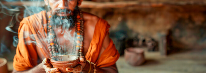 A young male yogi in booms, dressed in an orange robe, holds a bowl of incense with smoke. Meditation and spiritual practices. Retreat and self-immersion. Banner. Copy space