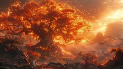 A majestic sacred tree with huge roots that light up and glow orange. Mythical World Tree.