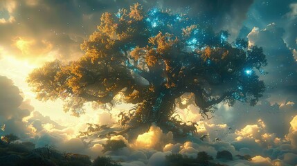 A majestic sacred tree among the sea of clouds with blue light shining on its leaves. Mythical World Tree.