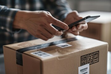 A person is using a smartphone to scan the QR code on a parcel in a warehouse filled with boxes.