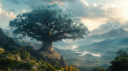 Foto op Canvas Mythical World Tree. A majestic sacred tree with huge roots atop a steep cliff. © pengedarseni