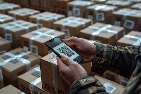 A person is using a smartphone to scan the QR code on a parcel in a warehouse filled with boxes.