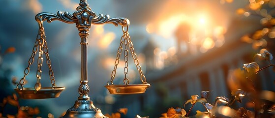 Symbolizing financial protection and law: Scales of justice in front of a courthouse. Concept Legal, Financial Protection, Scales of Justice, Law, Courthouse - obrazy, fototapety, plakaty