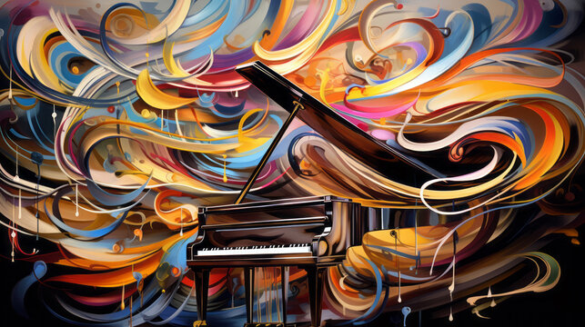 Digital illustration of piano in colourful swirls background