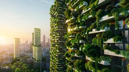 Futuristic Green Residential High-Rise with Vertical Facade Gardening in Sustainable Urban Cityscape