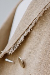 Close-up of the collar and button of a linen jacket