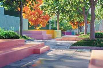 City park scene, clay 3D render, geometric shapes theme, colorful, peaceful urban setting. - obrazy, fototapety, plakaty
