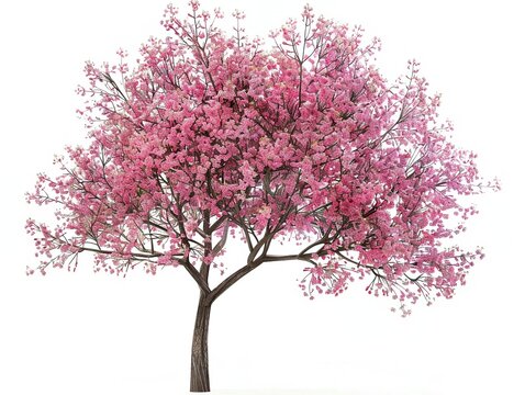 Cherry blossom tree, pink flowers, digital art, isolated, white background, spring bloom.