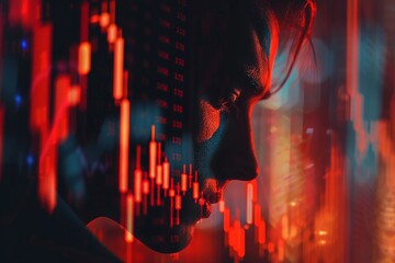Close-up digital, man in financial distress, plummeting stock graph, red ambiance, intense emotion.