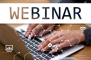 Webinar. Woman using laptop at table, closeup. Scheme with icons