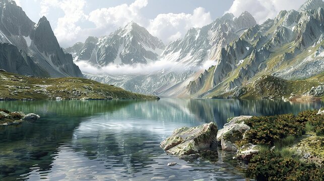 Lake in the mountains. Beautiful image. copy space for text. Image of nature. mountains, River, sky. copy space for text.