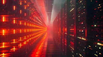 Surreal Data Center Network Illumination Tunnel with Glowing Cyber Matrix