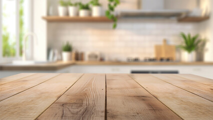 empty beautiful wood table top counter and blur bokeh modern kitchen interior background in clean and bright. - obrazy, fototapety, plakaty