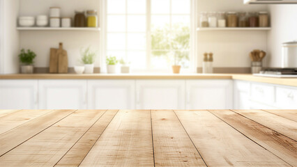 Fototapeta na wymiar empty beautiful wood table top counter and blur bokeh modern kitchen interior background in clean and bright.
