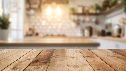 empty beautiful wood table top counter and blur bokeh modern kitchen interior background in clean and bright.