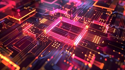 Fototapeta premium Glowing Futuristic Electronic Circuit Board Backdrop with Vibrant Neon Lights and Technological Patterns