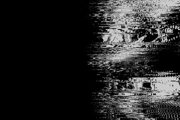 Black white glitch background texture. Abstract grunge noise border overlay effect. Video Damage Error. Digital signal distortion visualization. Random white lines. Technical problem of television. - 779461990