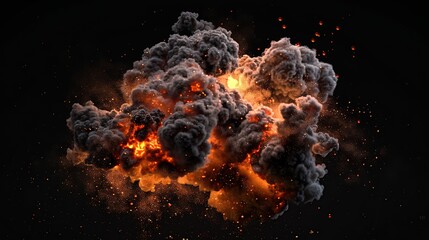 Large fireball with black smoke. fiery explosion with smoke isolated on transparent background. copy space for text. - obrazy, fototapety, plakaty