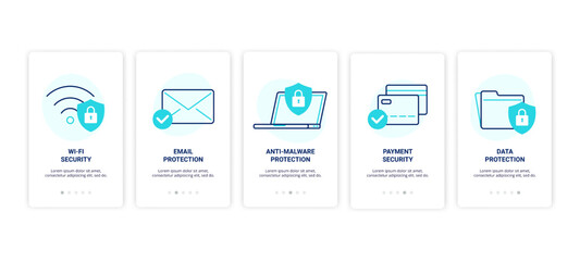 Cyber security icons. Email, anti-malware, data protection. Network and payment security. Vector linear illustrations for web, or application.