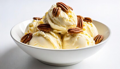 butter pecan nut ice cream, round scoops in small plain white bowl with pecans scattered on top of the ice cream, isolated on white background.