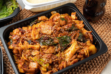 Gopchang, vegetables, stir-fry, sundae, dumplings, fried dumplings, lettuce, radish, ssamjang, pork cutlet, cabbage, chili pepper, garlic, and steamed eggs