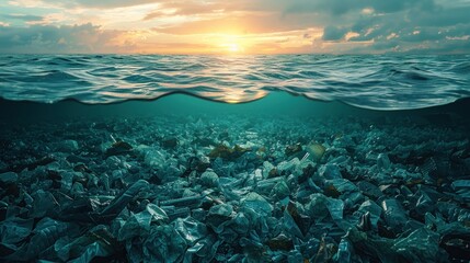 Fototapeta na wymiar A vast array of plastic waste accumulates along the oceans edge, highlighting a severe environmental issue.