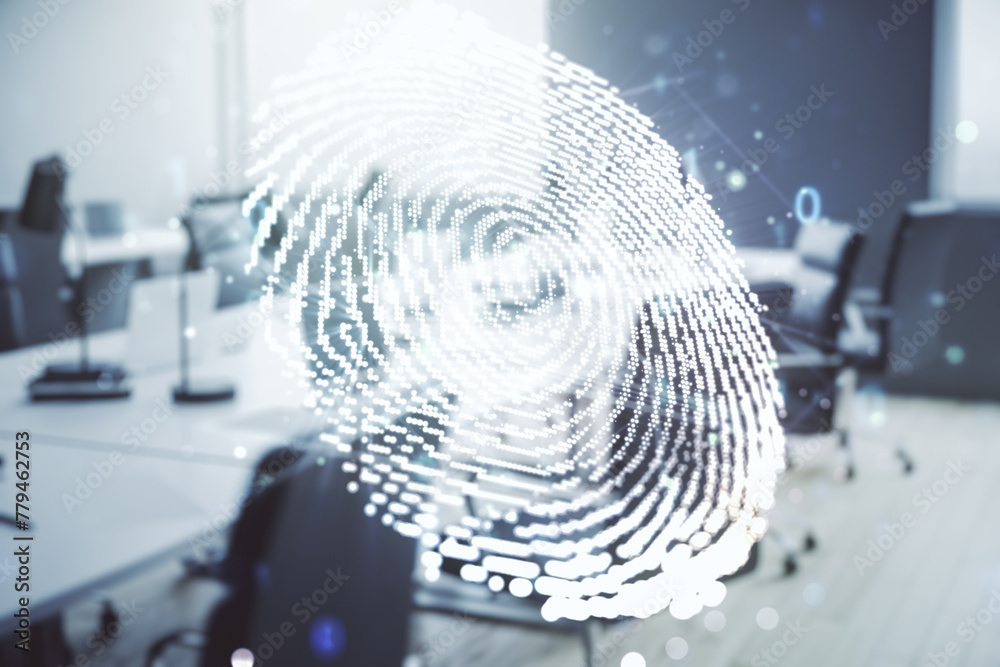 Poster multi exposure of virtual graphic fingerprint sketch on a modern furnished classroom background, fin