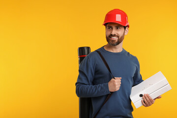 Architect in hard hat with drawing tube and folders on orange background, space for text