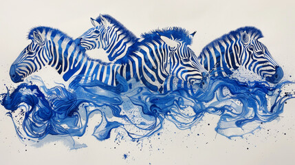 A painting of four zebras in the ocean. The painting has a calm and peaceful mood - obrazy, fototapety, plakaty