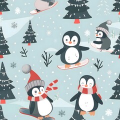 cute penguin pattern with a light blue background