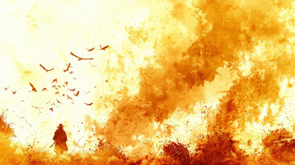 A man is walking through a field of fire. The sky is yellow and the fire is orange. The birds are flying in the sky