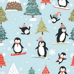 Fototapeta premium cute penguin pattern with a light blue background