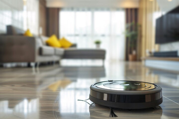 Black robot vacuum cleaner on the floor in modern living room