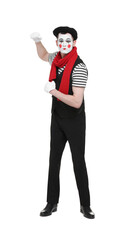 Mime artist in beret posing on white background